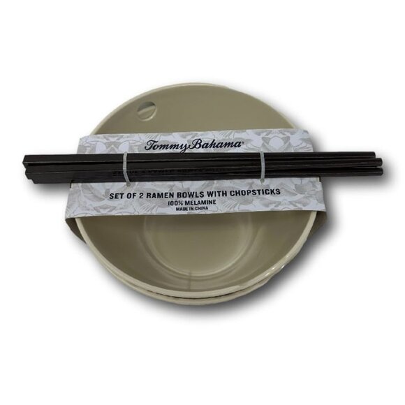 Tommy Bahama Melamine Set of 2 Ramen Bowls with Chopsticks Crackle White Rustic - Picture 1 of 3